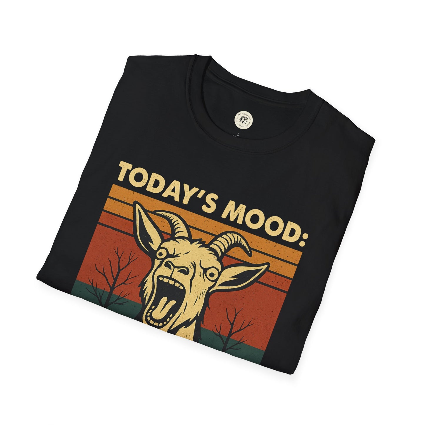 Black Printify screaming goat t-shirt with vintage style graphic and today's mood text