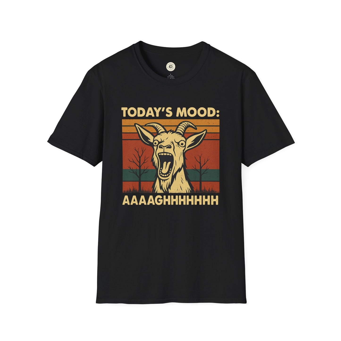 Black Printify screaming goat t-shirt with vintage style screaming goat and text Today's Mood AAAAGHHHHHH