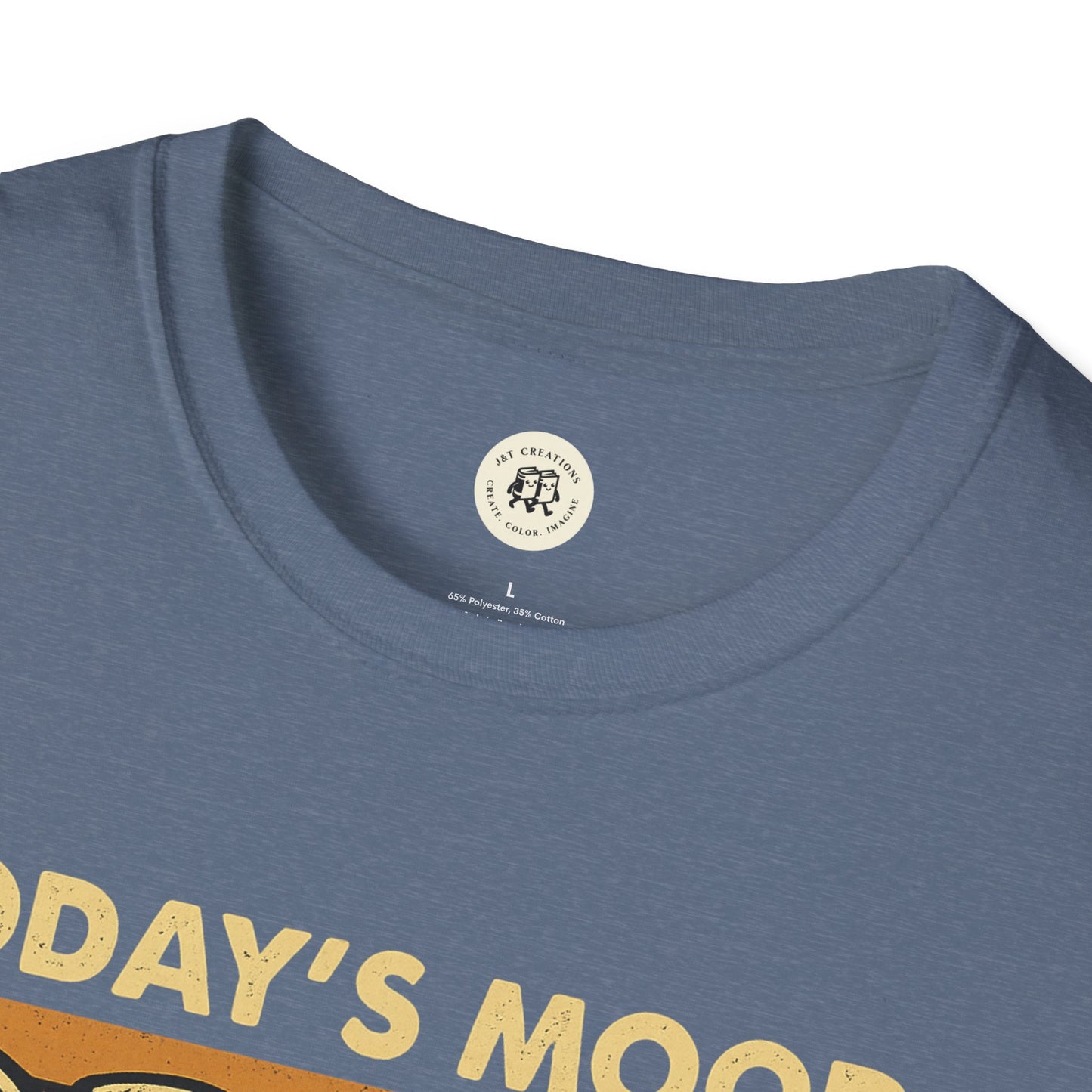 Close-up of a blue Printify screaming goat t-shirt collar and partial graphic print