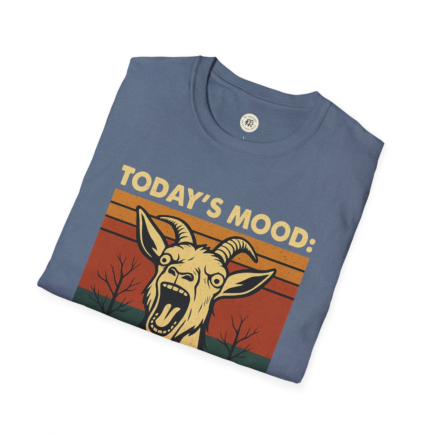 Blue Printify screaming goat t-shirt featuring a loud goat illustration and today's mood text