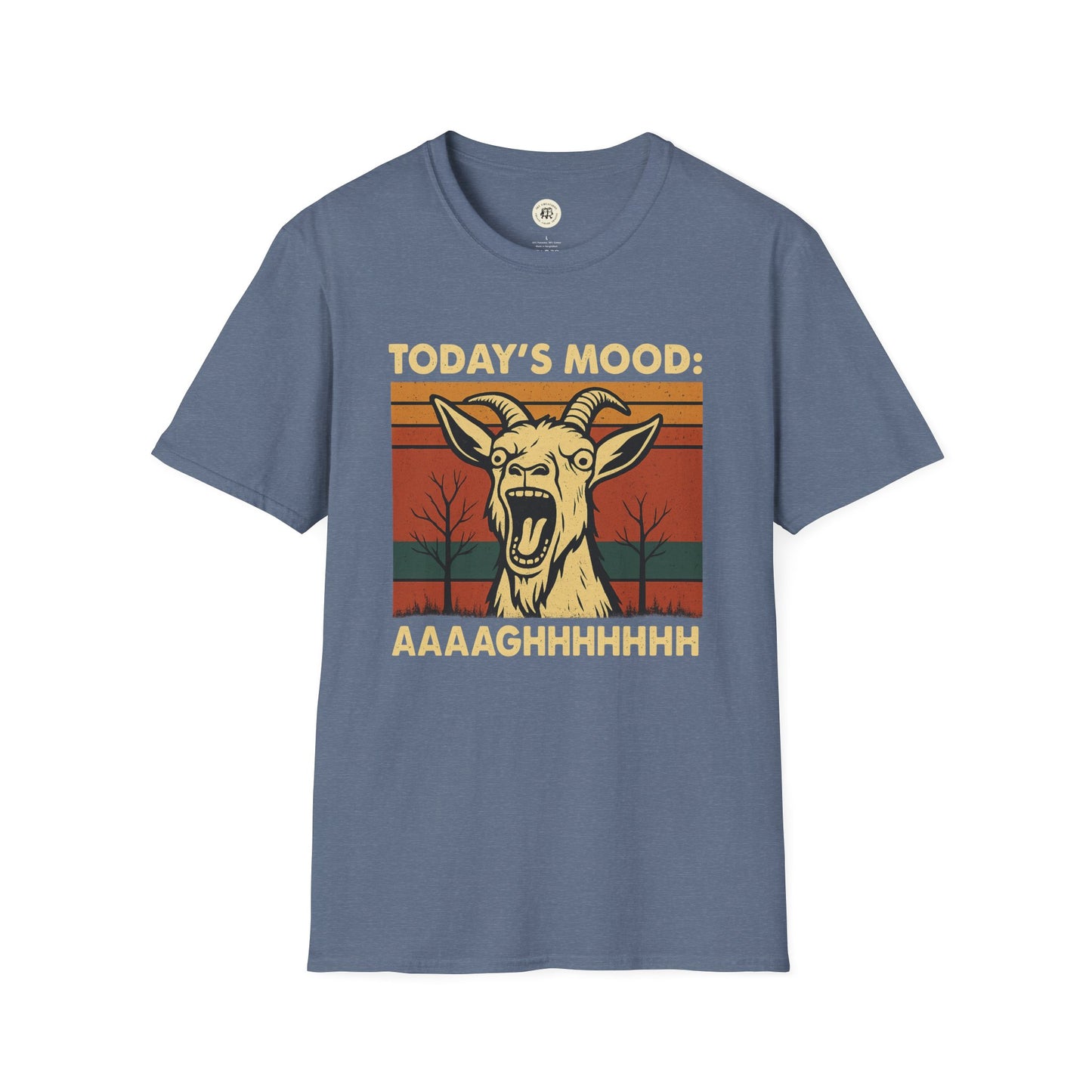 Printify screaming goat t-shirt with vintage style screaming goat graphic and mood text