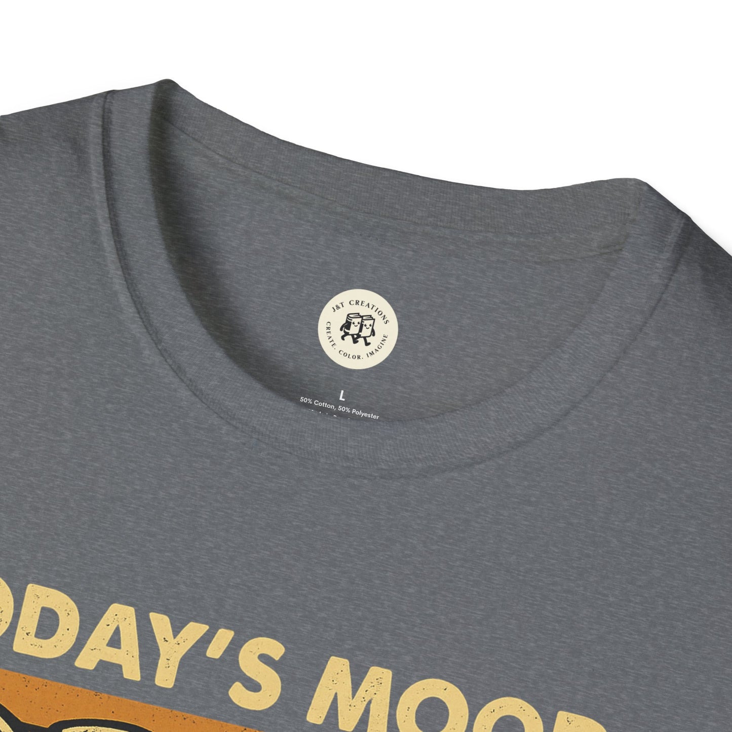 Close-up of dark gray Printify screaming goat t-shirt with partial yellow text design and soft fabric texture