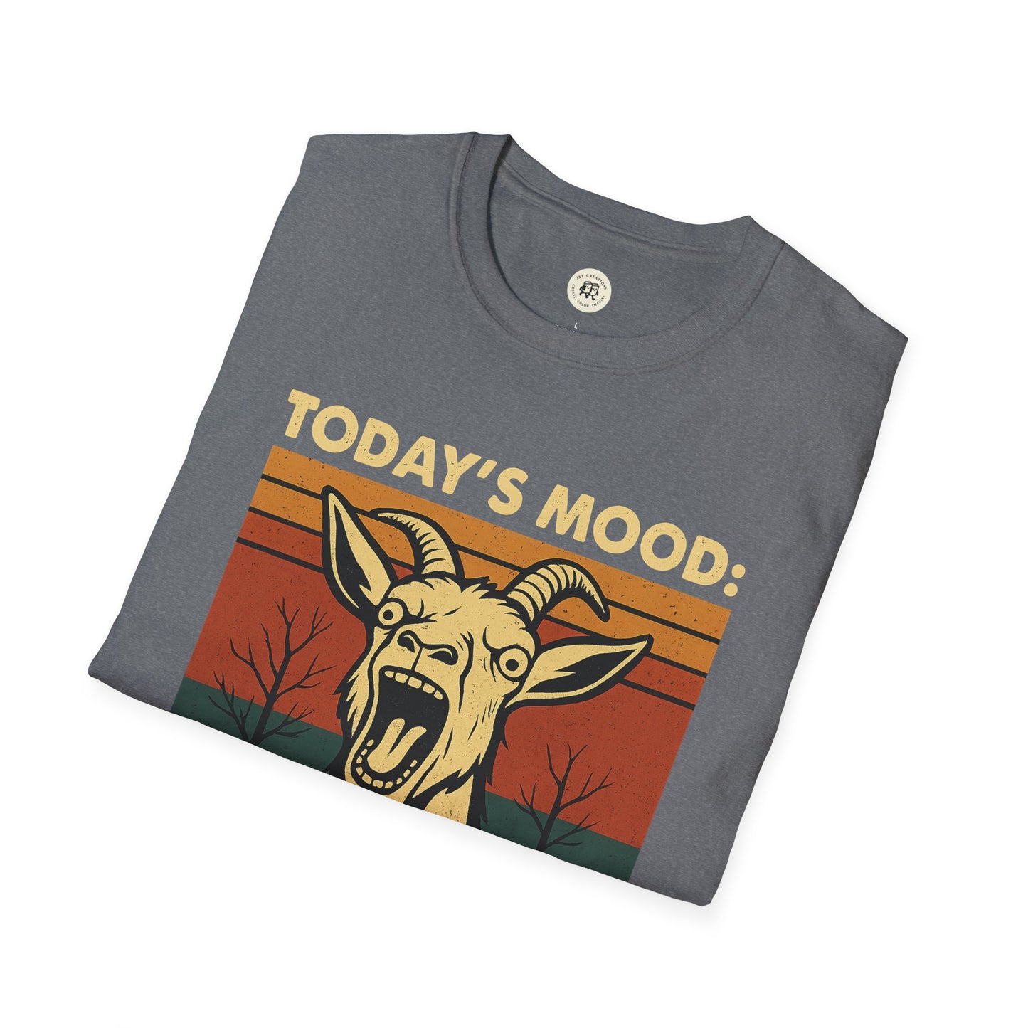 Gray screaming goat t-shirt with vintage style graphic and text Today's Mood from Printify