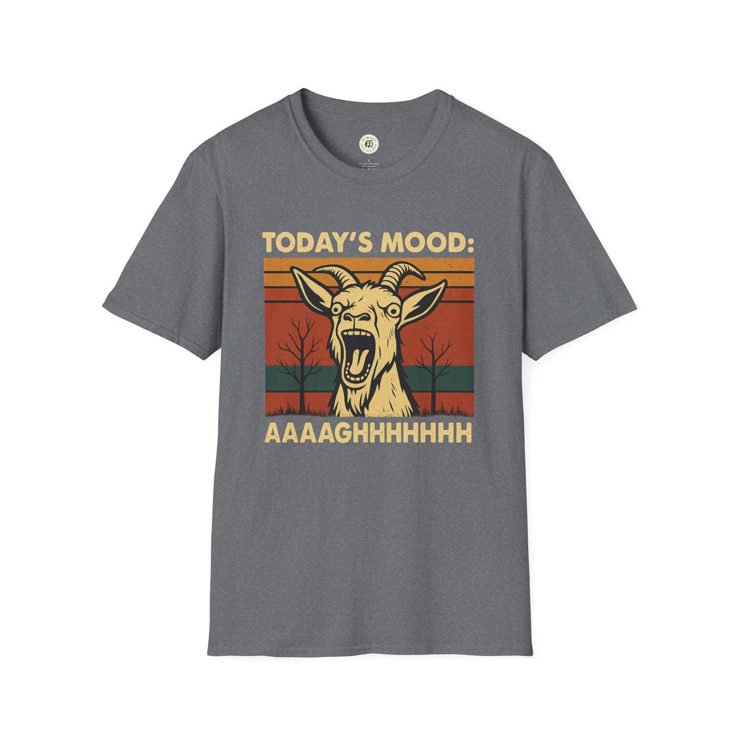 Gray screaming goat t-shirt with retro design and text Today's Mood AAAAGHHHHHH from Printify