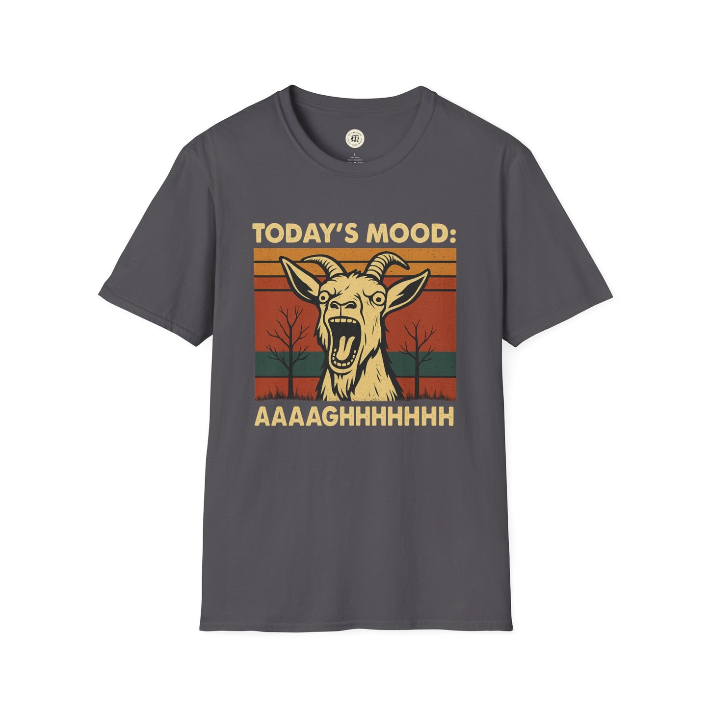 Gray screaming goat t-shirt with vintage style screaming goat graphic and text today's mood aaaaghhhhhh