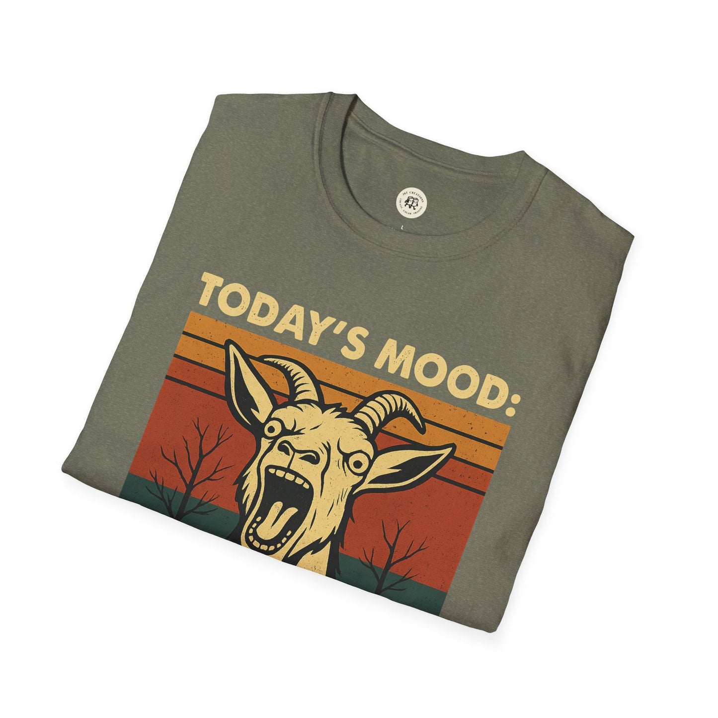 Printify screaming goat t-shirt with vintage style screaming goat graphic and Today's Mood text