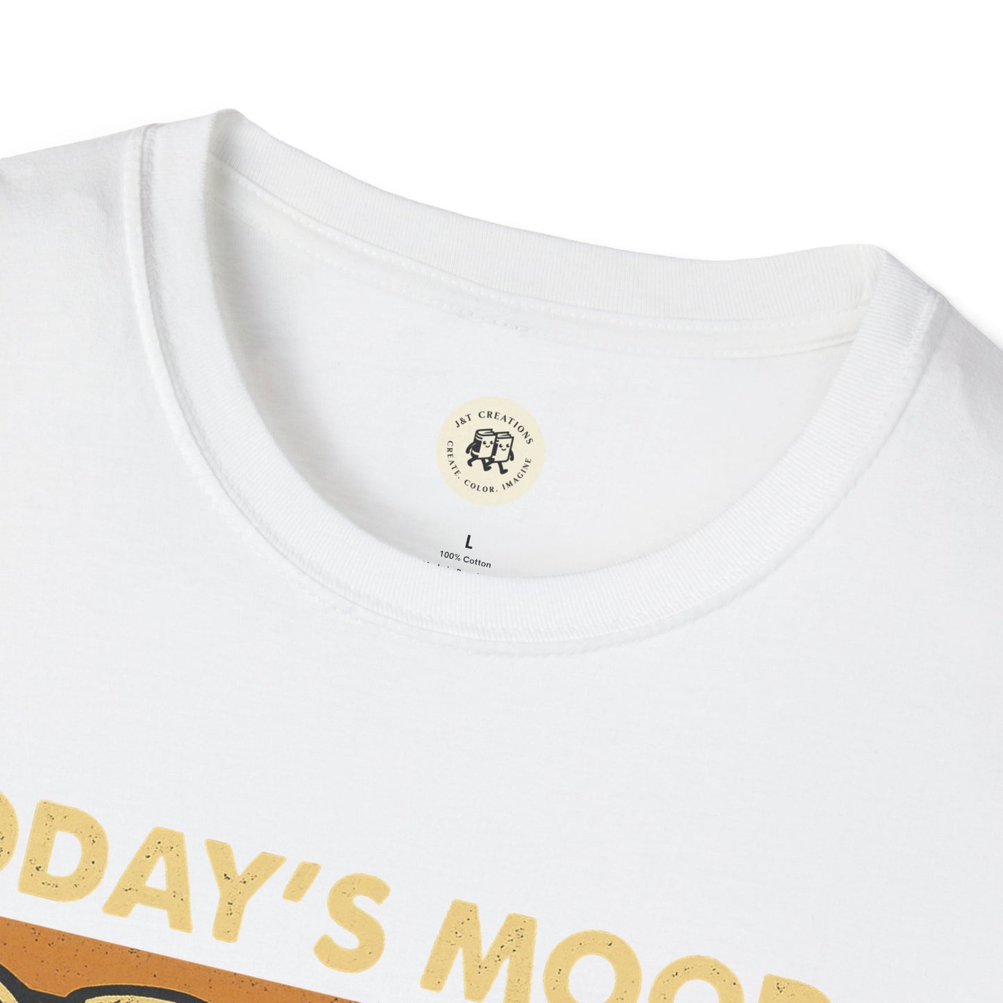 Close-up of white Printify screaming goat t-shirt collar and partial front print design