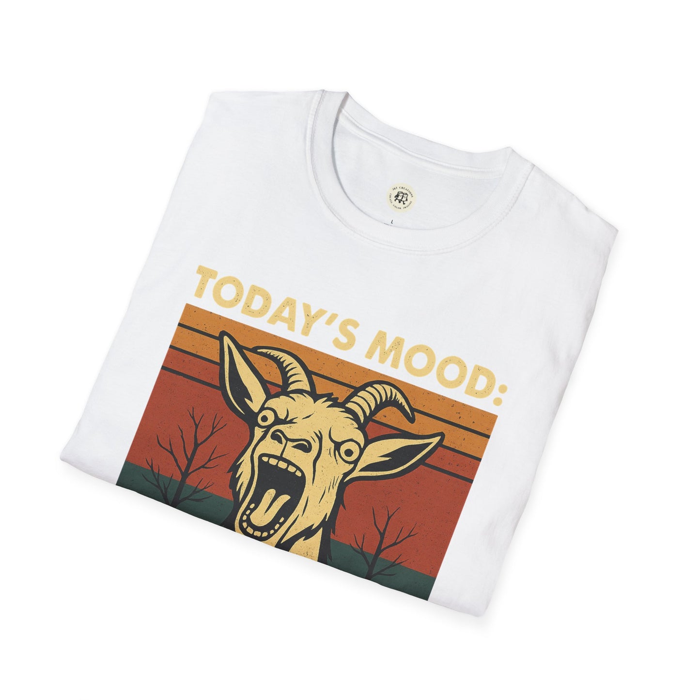 White screaming goat t-shirt with vintage style graphic and text Todays Mood from Printify