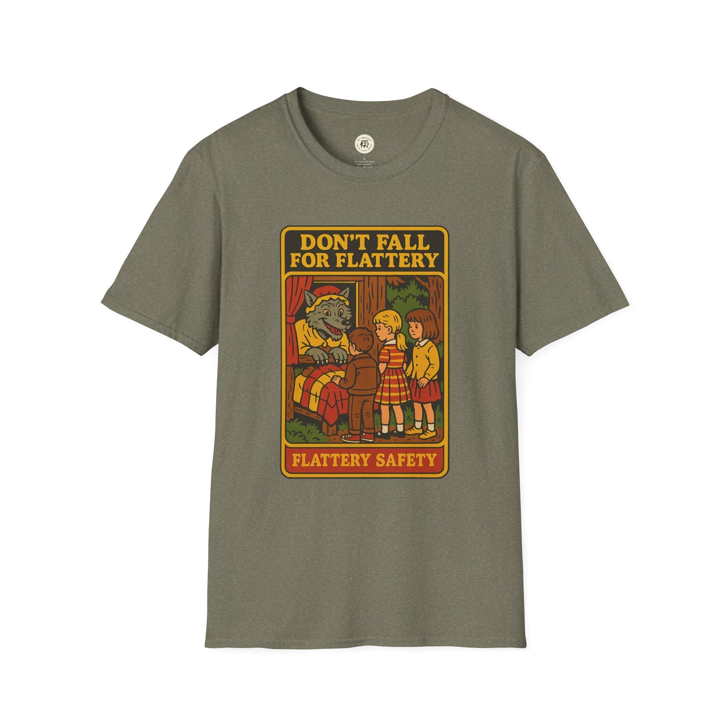 Printify big bad wolf graphic t-shirt with vintage cartoon design and safety message on olive green fabric
