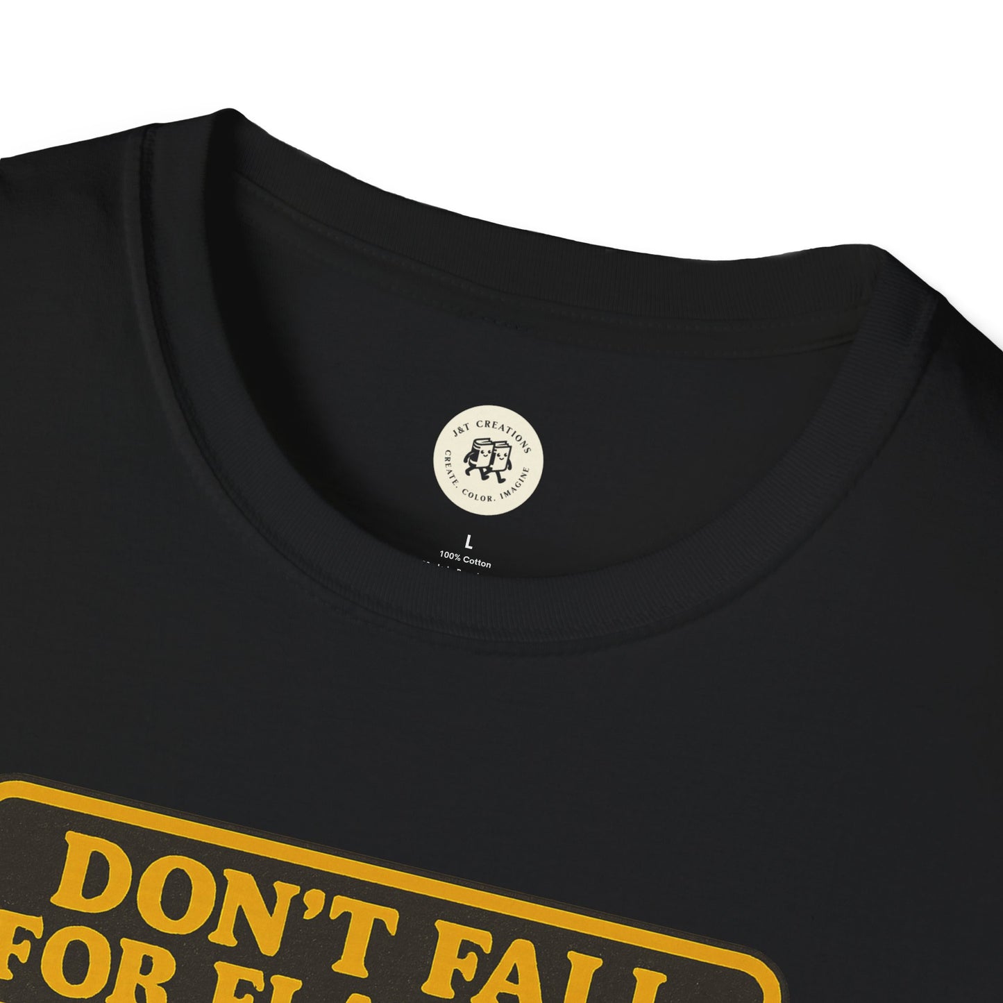 Black Printify big bad wolf graphic t-shirt with yellow text design on front