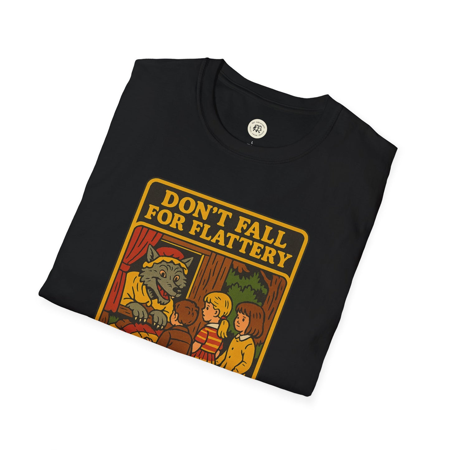 Printify black big bad wolf graphic t-shirt featuring vintage storybook design with children and wolf