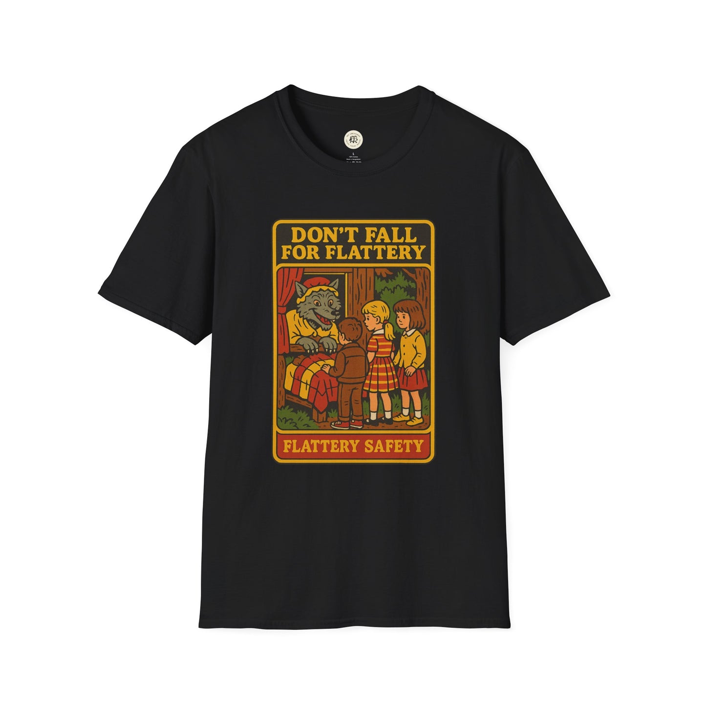 Black big bad wolf graphic t-shirt with vintage-style illustration and text about flattery safety