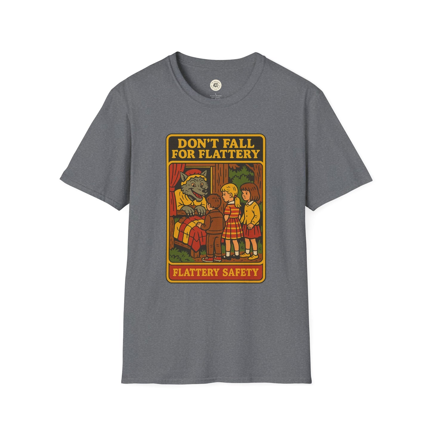 Gray Printify big bad wolf graphic t-shirt featuring vintage storybook style illustration and warning text