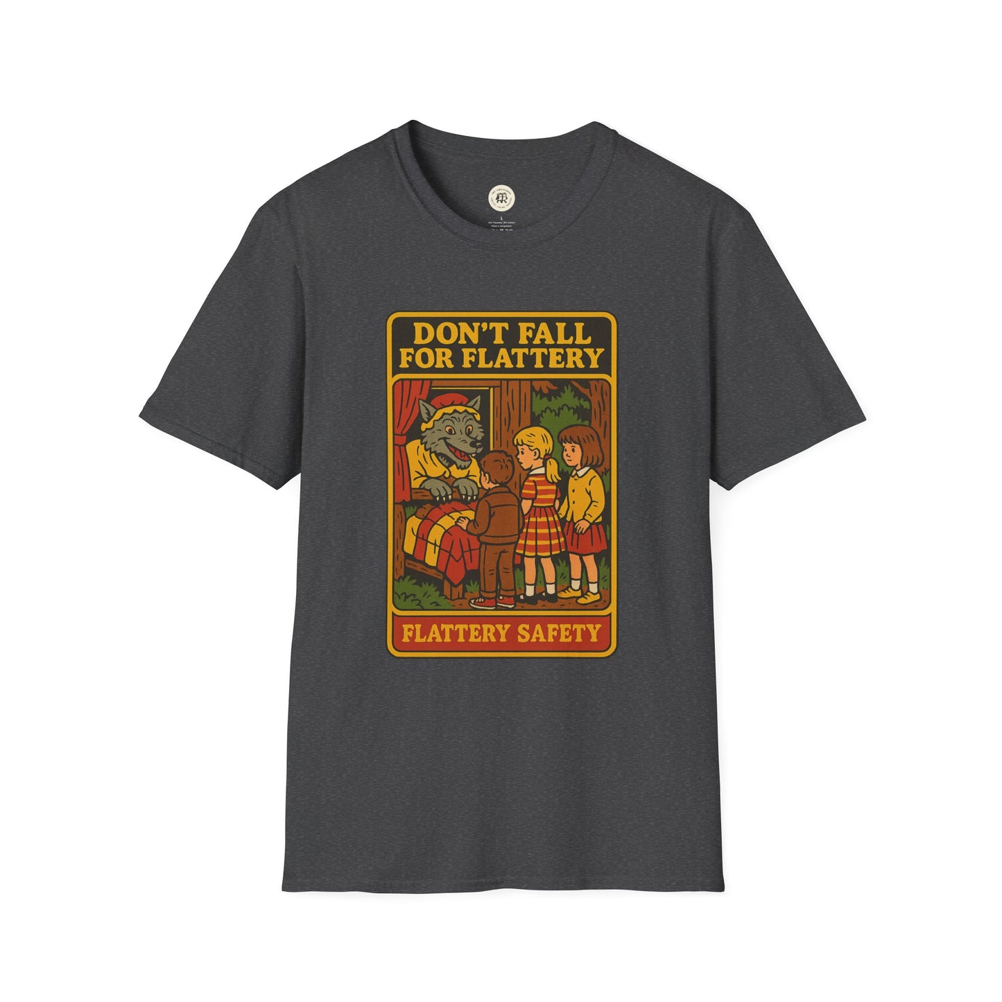 Printify black t-shirt featuring big bad wolf graphic t-shirt with vintage cartoon design and safety message