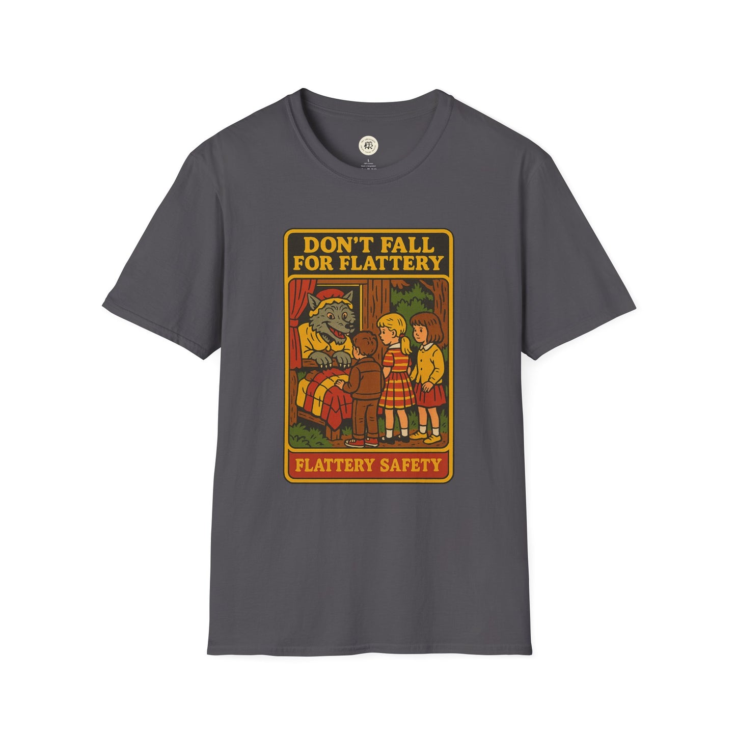 Printify big bad wolf graphic t-shirt with vintage style wolf and children illustration on dark gray