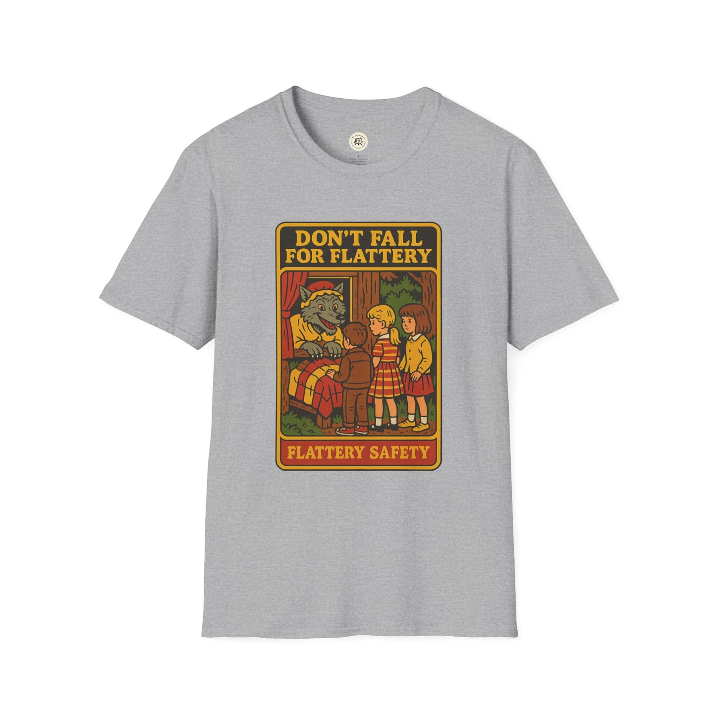 Gray Printify big bad wolf graphic t-shirt with vintage style storybook illustration and text