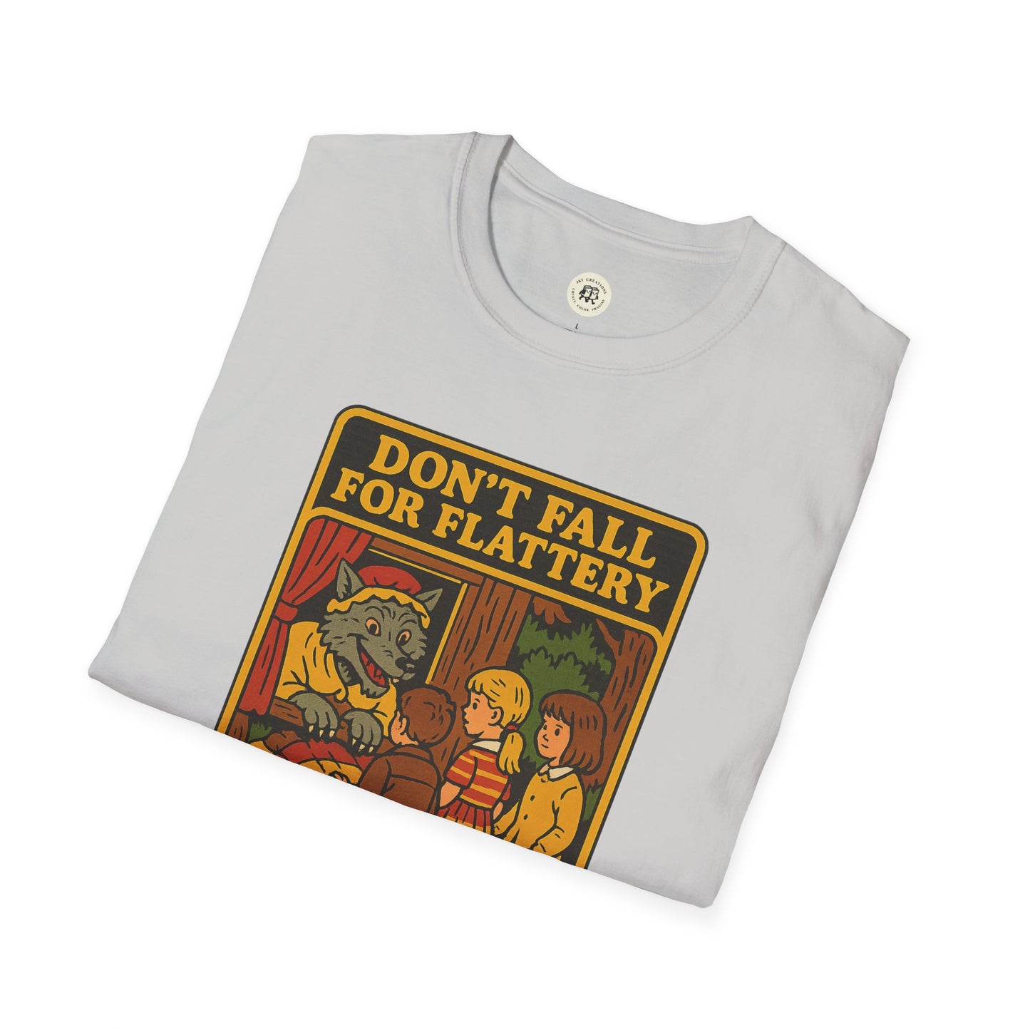 Printify big bad wolf graphic t-shirt with vintage cartoon design and Dont Fall for Flattery text