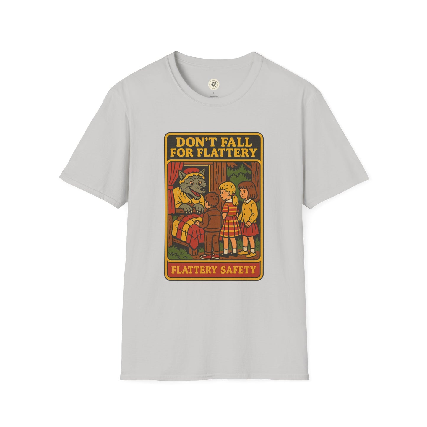 Printify big bad wolf graphic t-shirt with vintage style warning design in yellow and red on light gray fabric