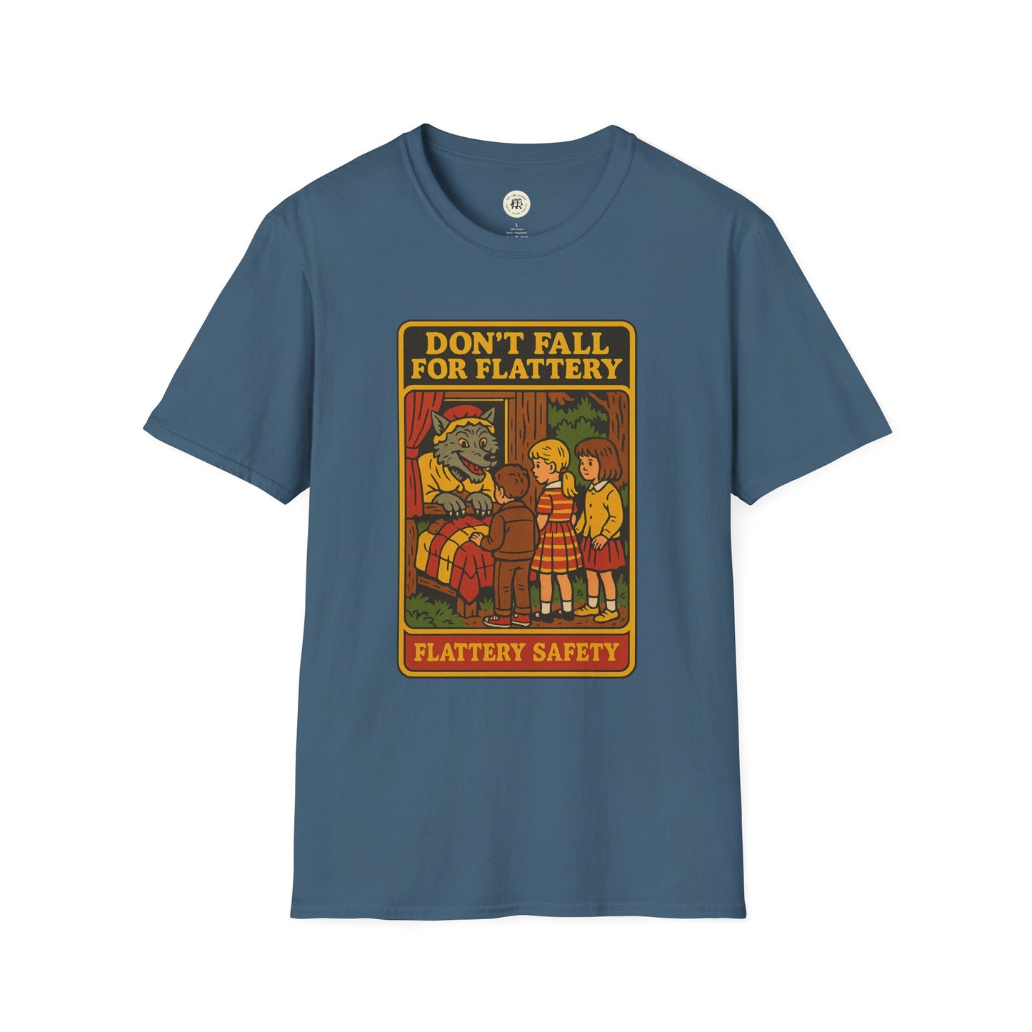 Printify big bad wolf graphic t-shirt with vintage storybook style wolf and children design