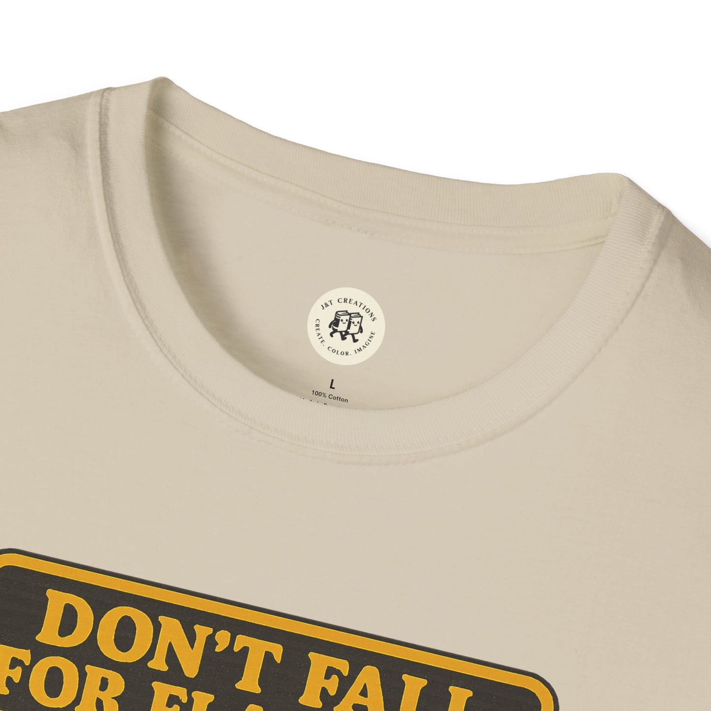 Close-up of beige Printify T-shirt collar featuring big bad wolf graphic t-shirt design text