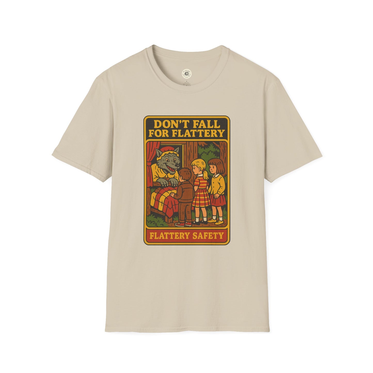 Printify beige big bad wolf graphic t-shirt with vintage-style wolf and children cartoon design