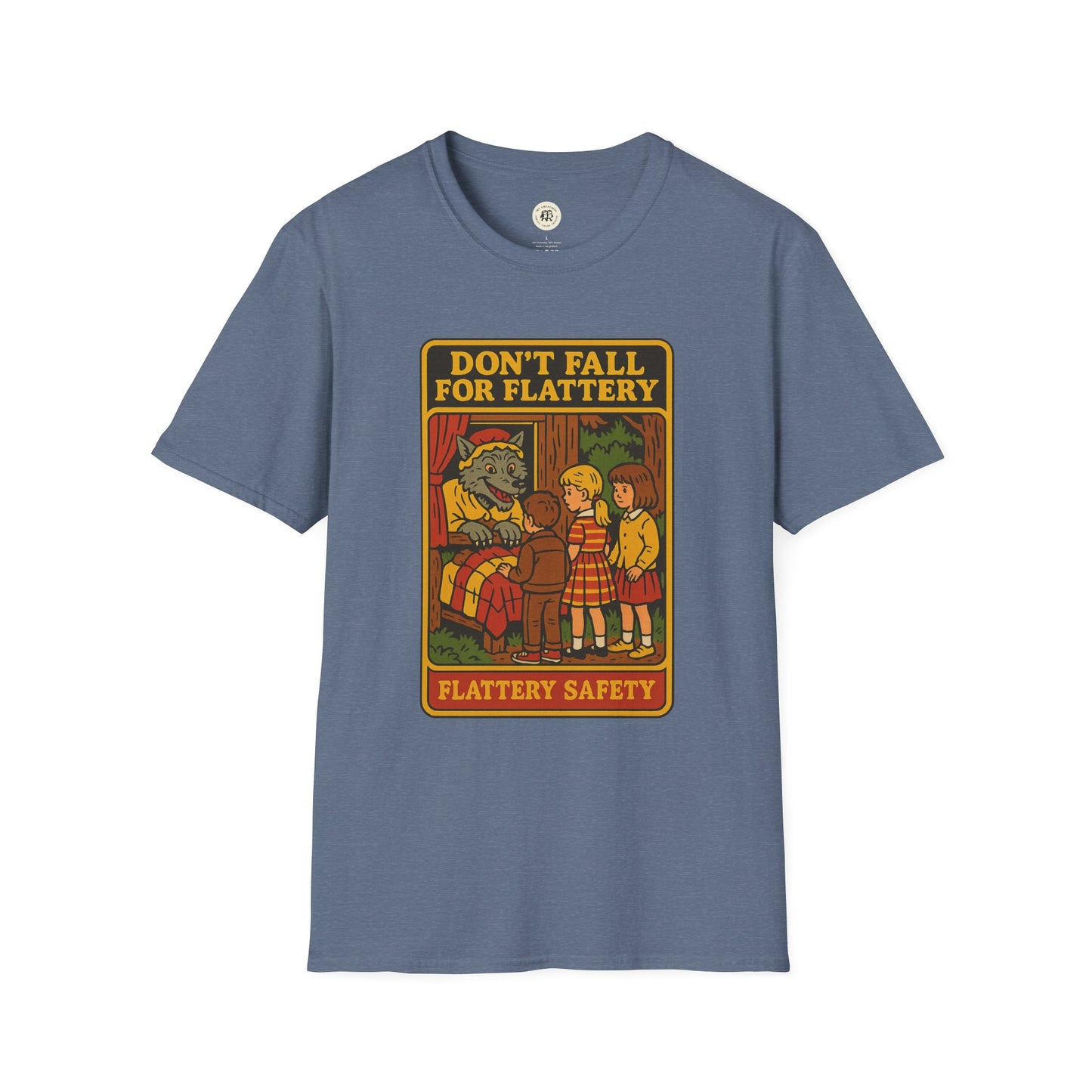 Printify big bad wolf graphic t-shirt with vintage storybook style wolf and children illustration