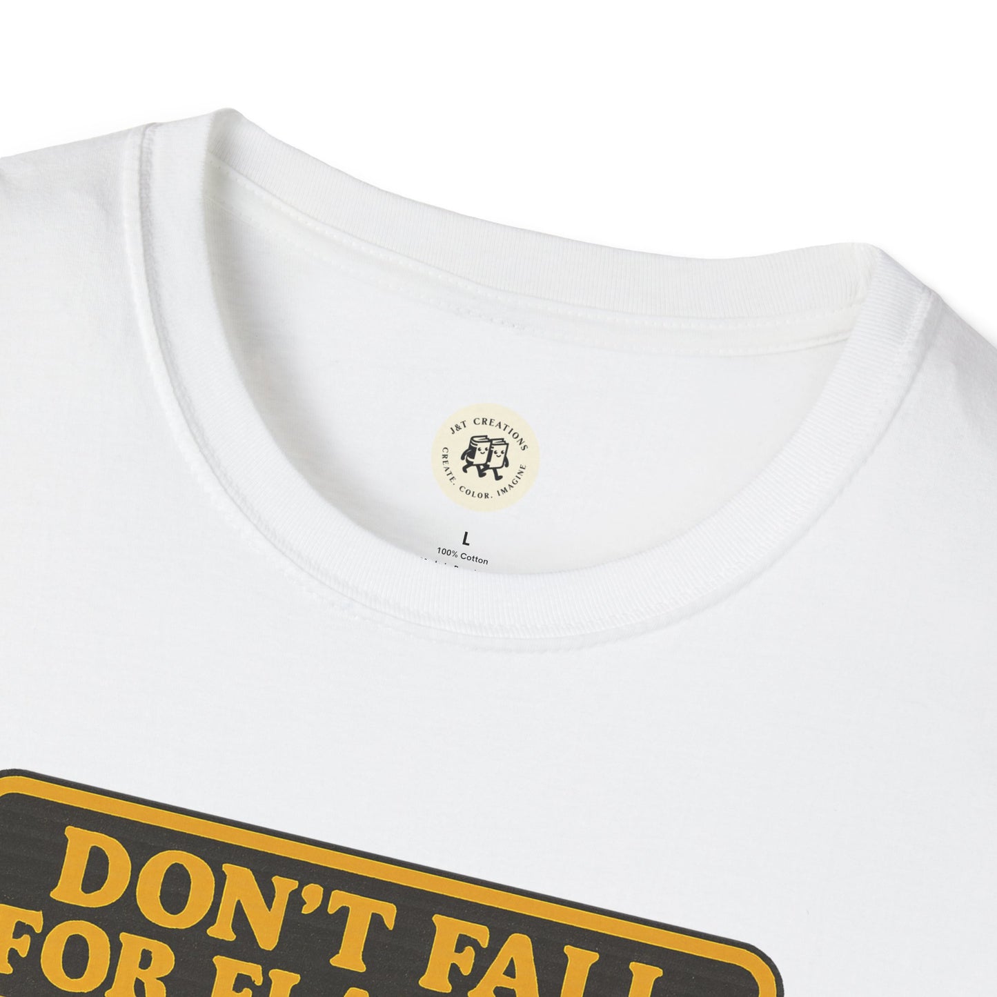 Close up of white Printify big bad wolf graphic t-shirt collar and partial print design