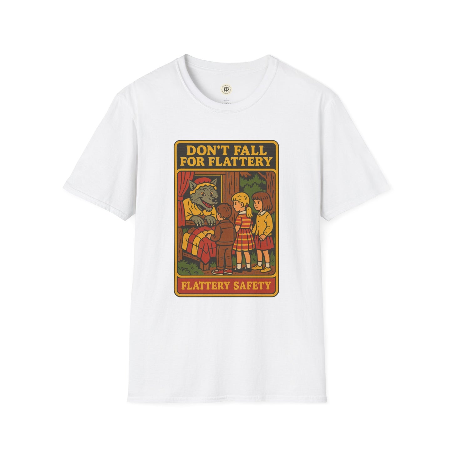 White Printify big bad wolf graphic t-shirt with vintage cartoon design and safety warning text