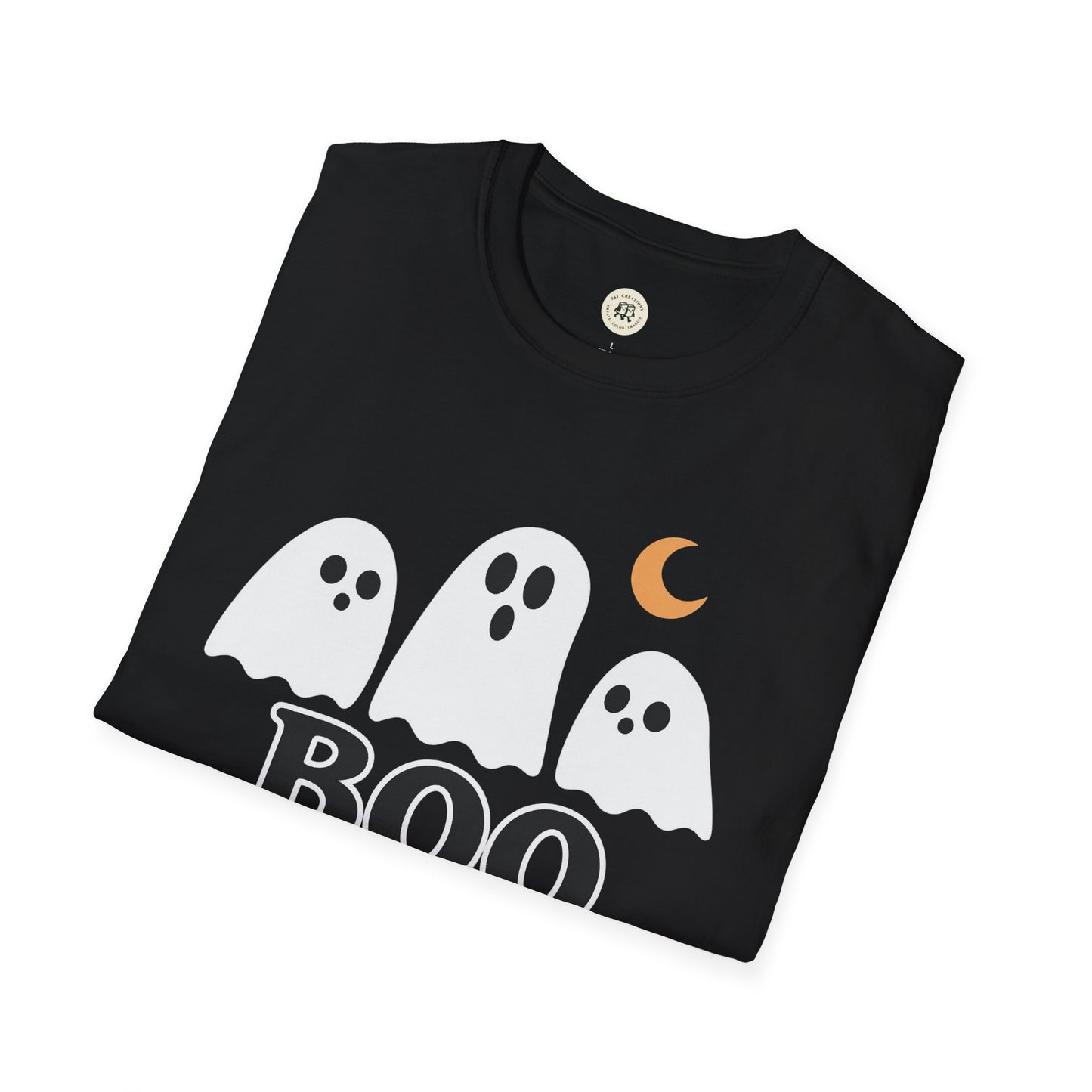 Black Printify t-shirt featuring three white ghosts and text Boo Crew Halloween shirt design
