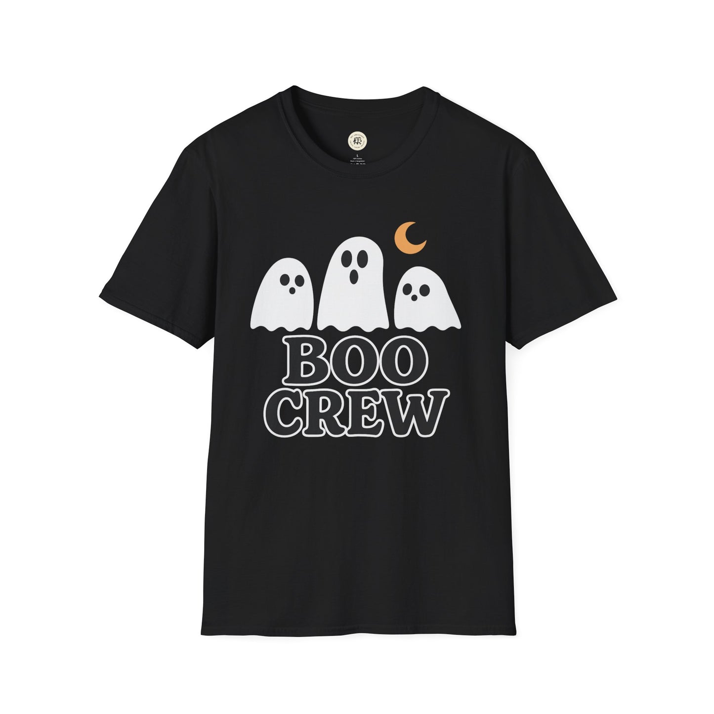 Black Printify T-shirt featuring three ghosts and Boo Crew Halloween shirt text with orange crescent moon