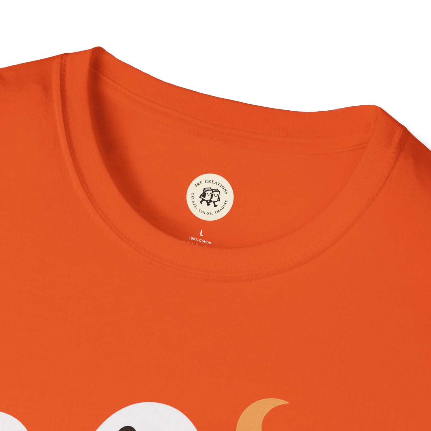Close-up of orange Boo Crew Halloween shirt by Printify showing neckline and tag details