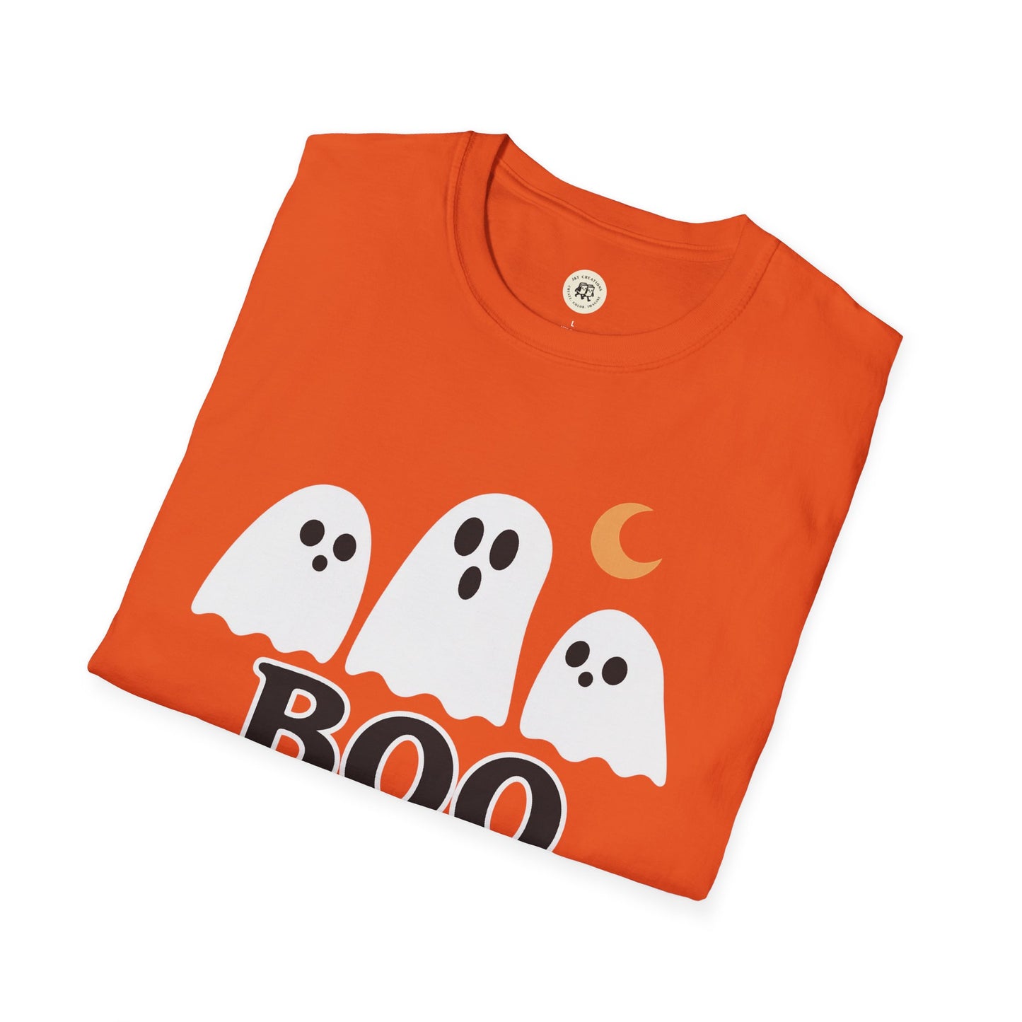 Orange Boo Crew Halloween shirt with three white ghost graphics and a crescent moon design