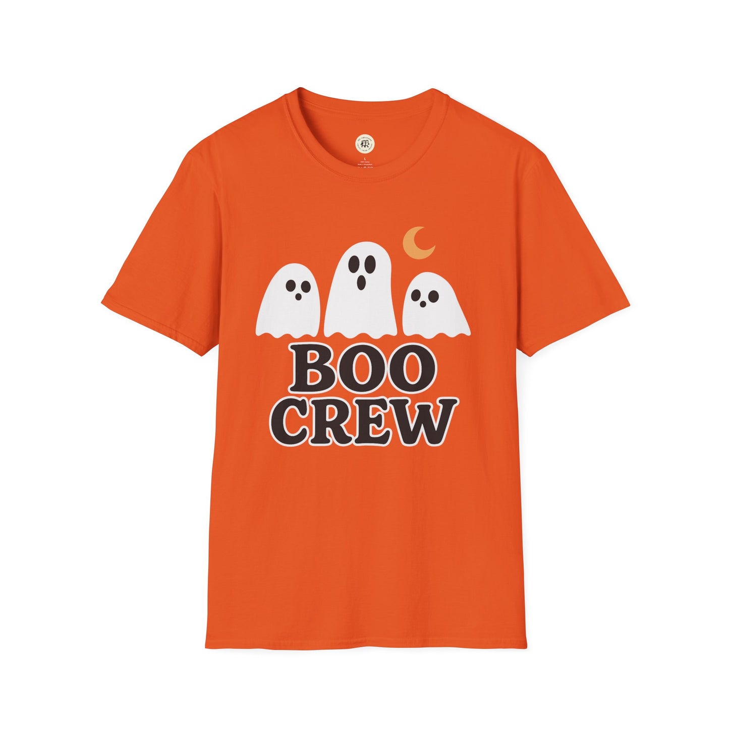 Orange Printify Boo Crew Halloween shirt featuring three white cartoon ghosts and crescent moon