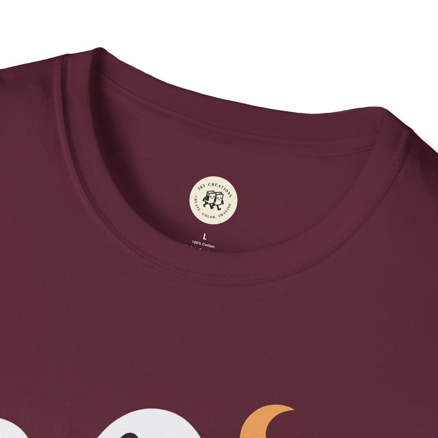 Close-up of Printify Boo Crew Halloween shirt in burgundy with round neckline and cotton fabric