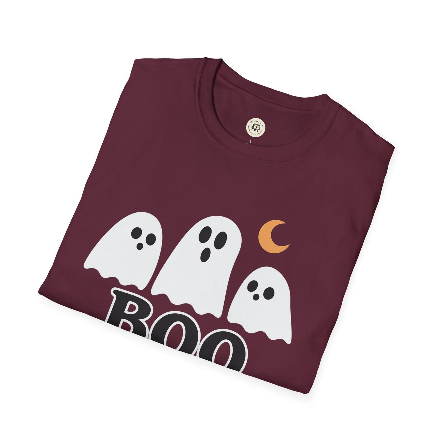Maroon Printify T-shirt with Boo Crew Halloween shirt design featuring three white ghosts and a crescent moon