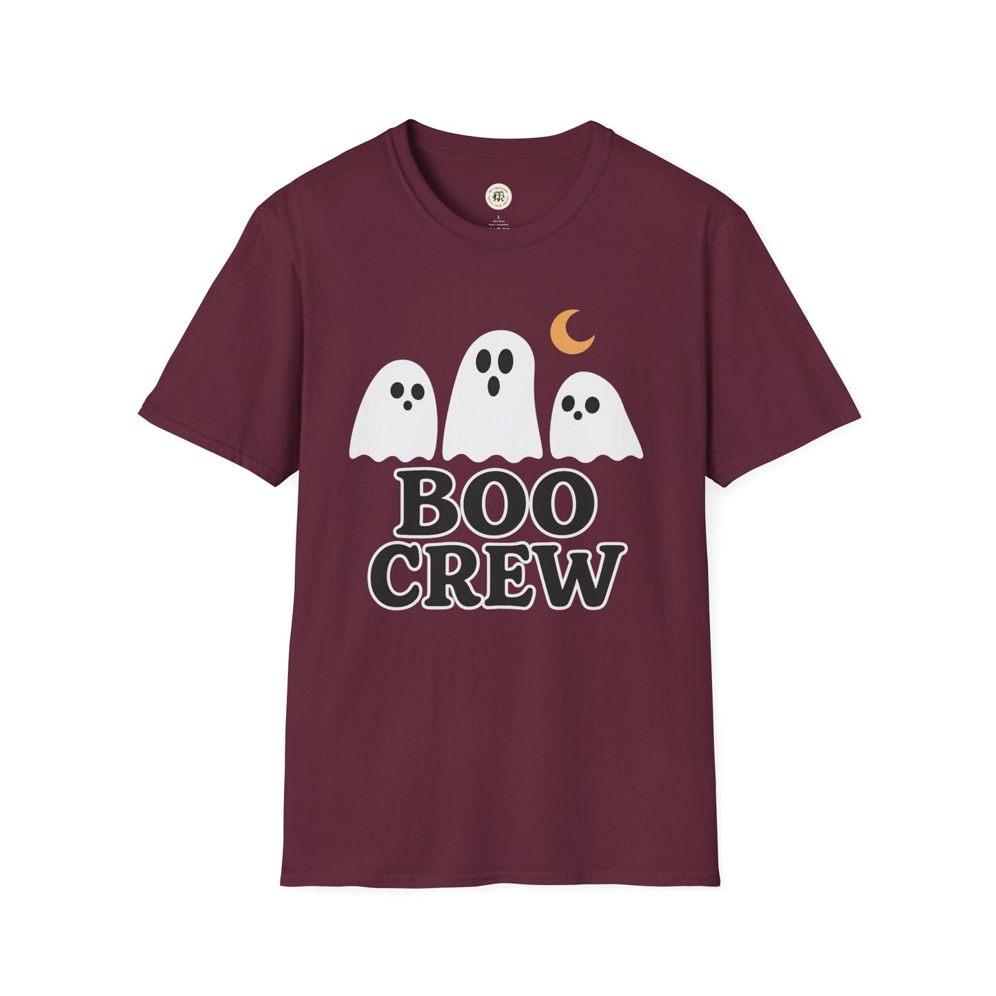 Maroon Printify Boo Crew Halloween shirt with three ghost illustrations and a crescent moon