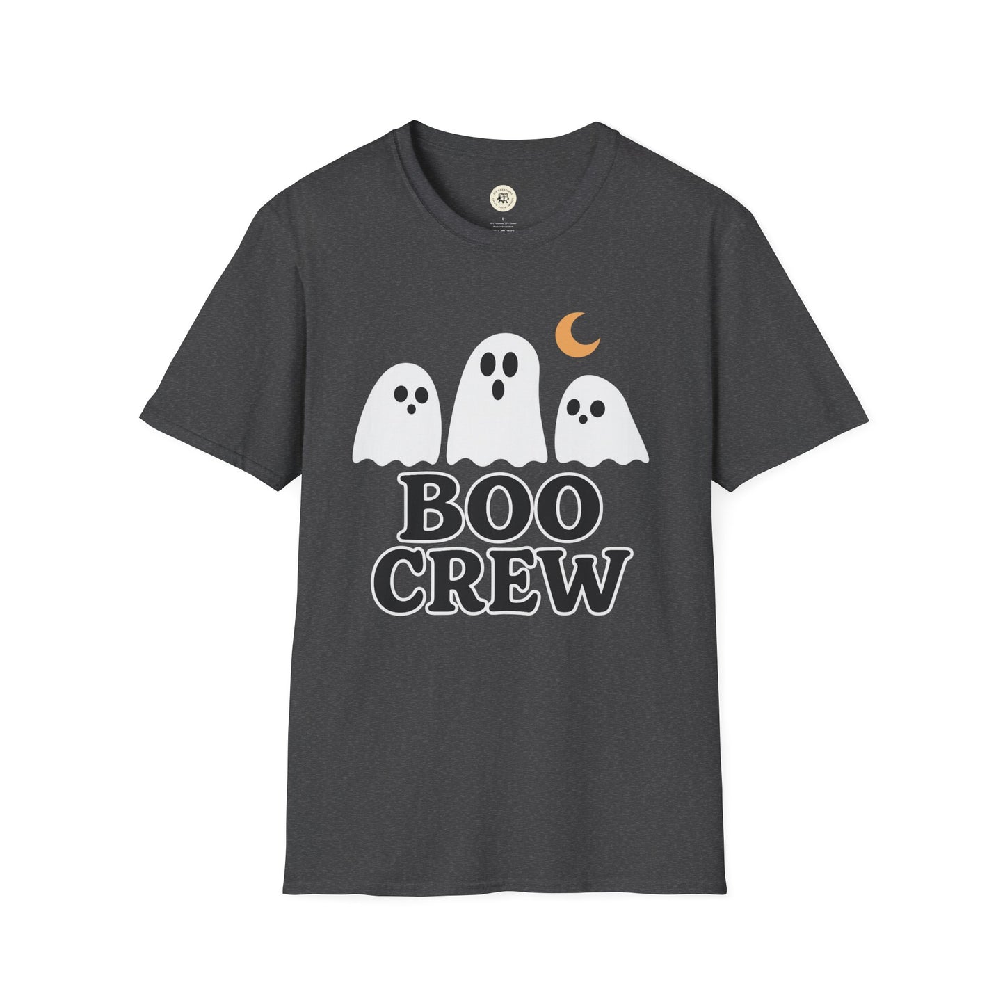 Printify black Boo Crew Halloween shirt with three white ghost figures and crescent moon design