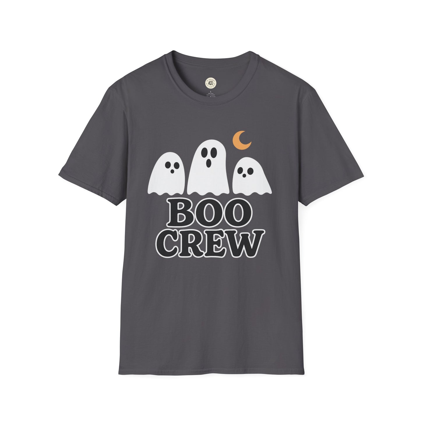 Printify dark gray Boo Crew Halloween shirt with three white ghost graphics and orange crescent moon