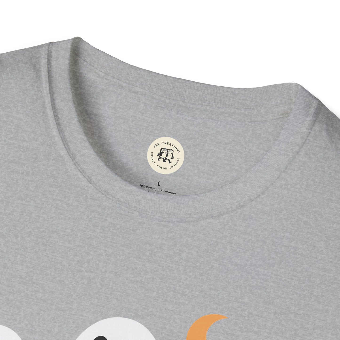 Close-up of gray Boo Crew Halloween shirt by Printify showing soft fabric and crew neckline