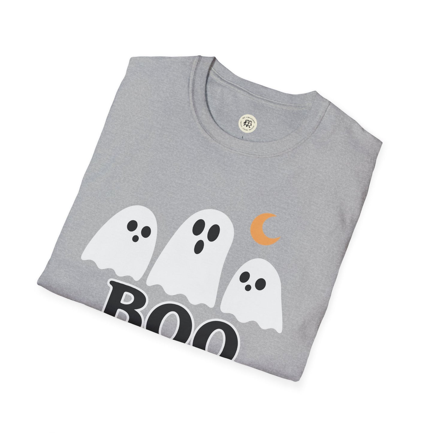Gray Printify Boo Crew Halloween shirt with three white ghosts and orange crescent moon design