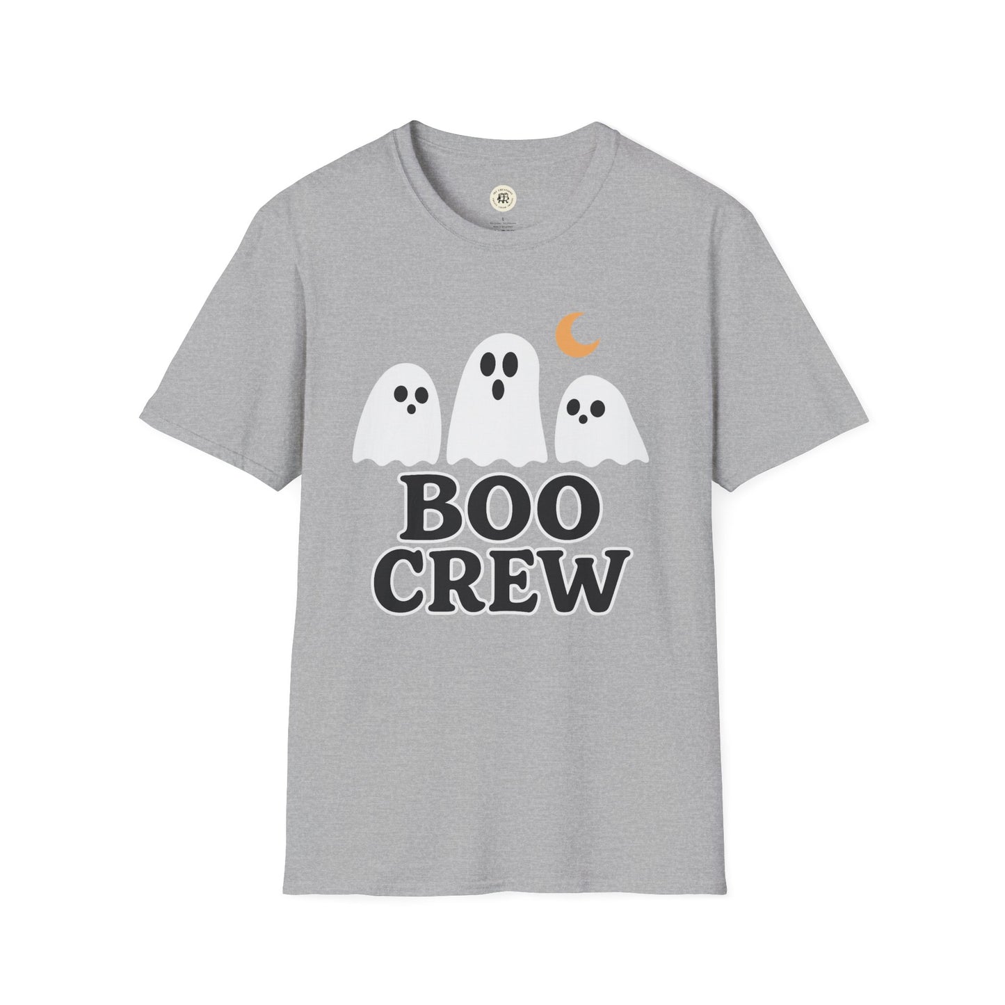 Printify gray Boo Crew Halloween shirt with three cute ghost designs and a small orange crescent moon