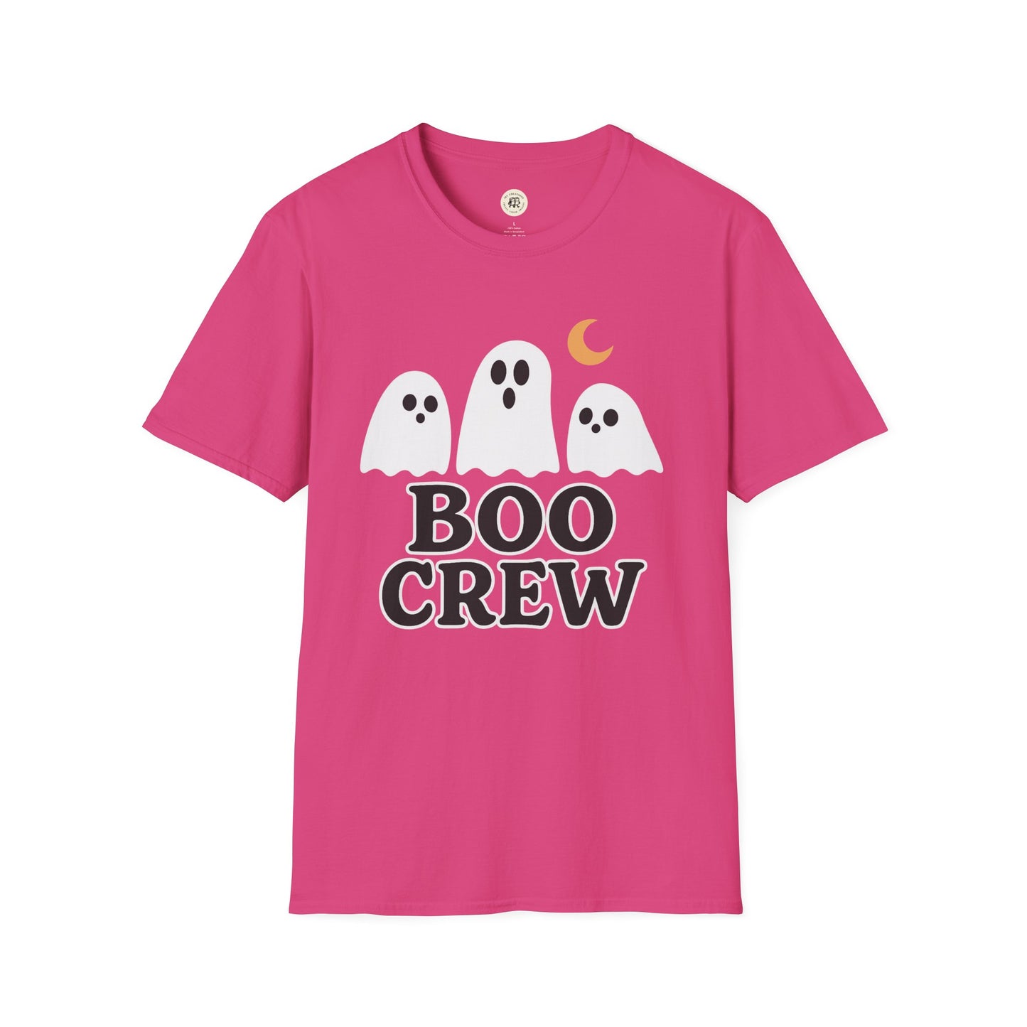 Pink Boo Crew Halloween shirt with three white ghosts and a yellow crescent moon graphic