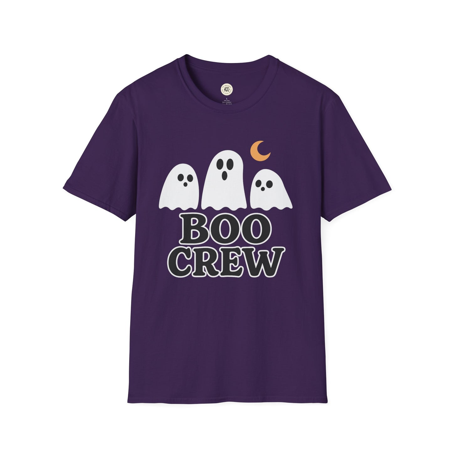 Purple Printify T-shirt with three cartoon ghosts and Boo Crew Halloween shirt text design