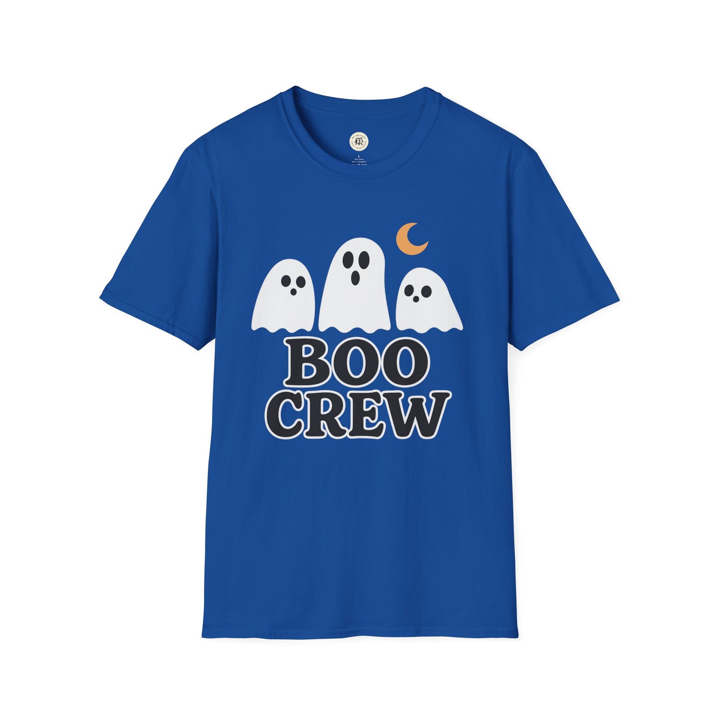 Printify blue T-shirt with Boo Crew Halloween shirt ghost design and moon graphic