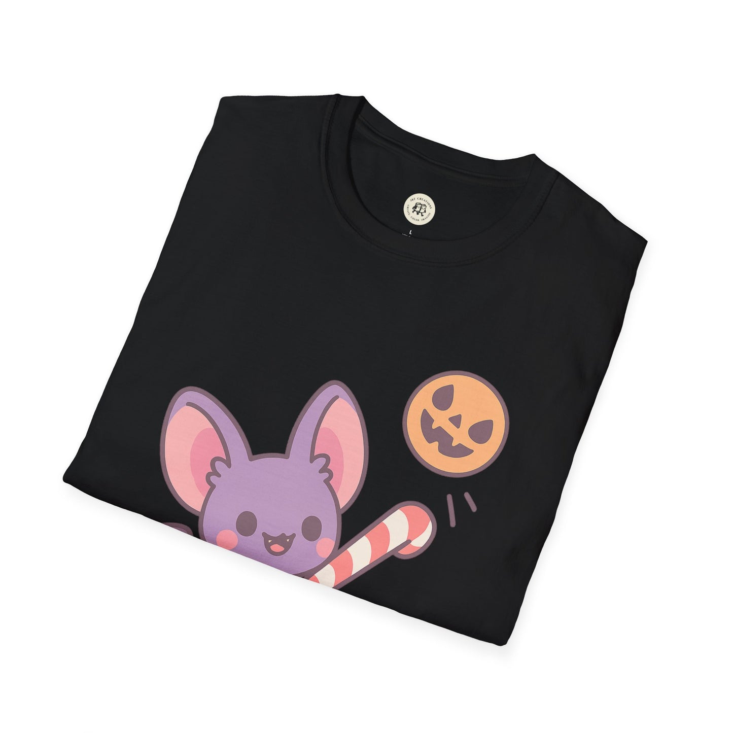 Black Printify cute Halloween bat t-shirt with a cartoon purple bat holding a candy cane and a pumpkin face