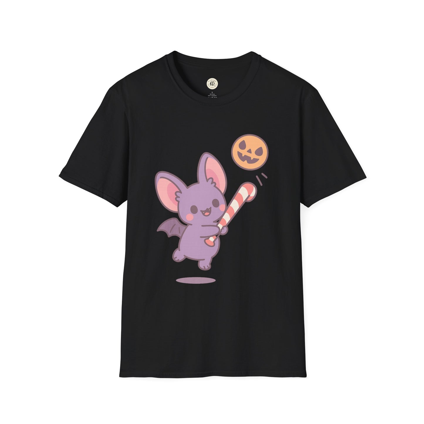 Black Printify t-shirt featuring a cute Halloween bat t-shirt design with a playful purple bat and jack-o-lantern
