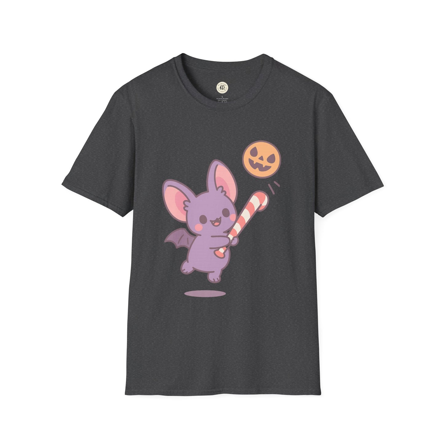 Printify black cute Halloween bat t-shirt with a purple cartoon bat holding a candy cane and a jack-o-lantern ball