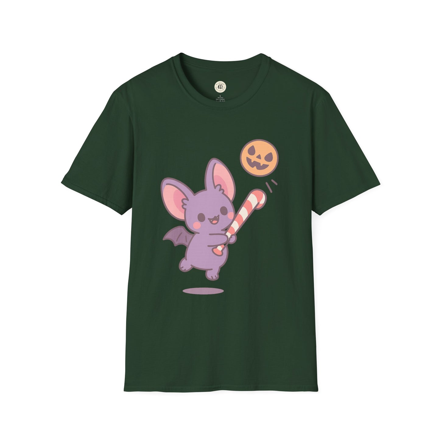 Printify green T-shirt featuring a cute Halloween bat t-shirt design with a purple bat and candy