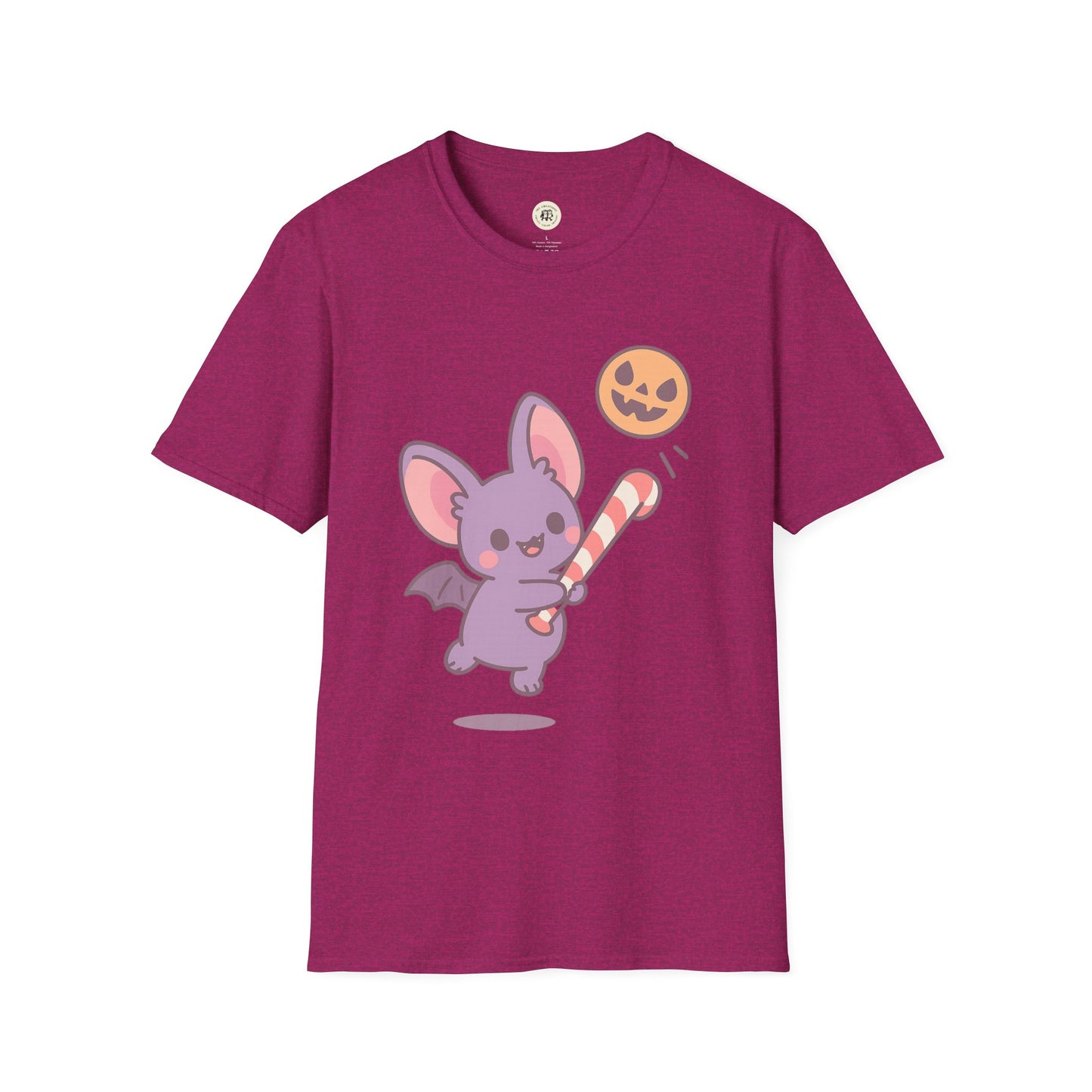 Cute Halloween bat t-shirt from Printify with purple bat holding striped candy on a maroon shirt