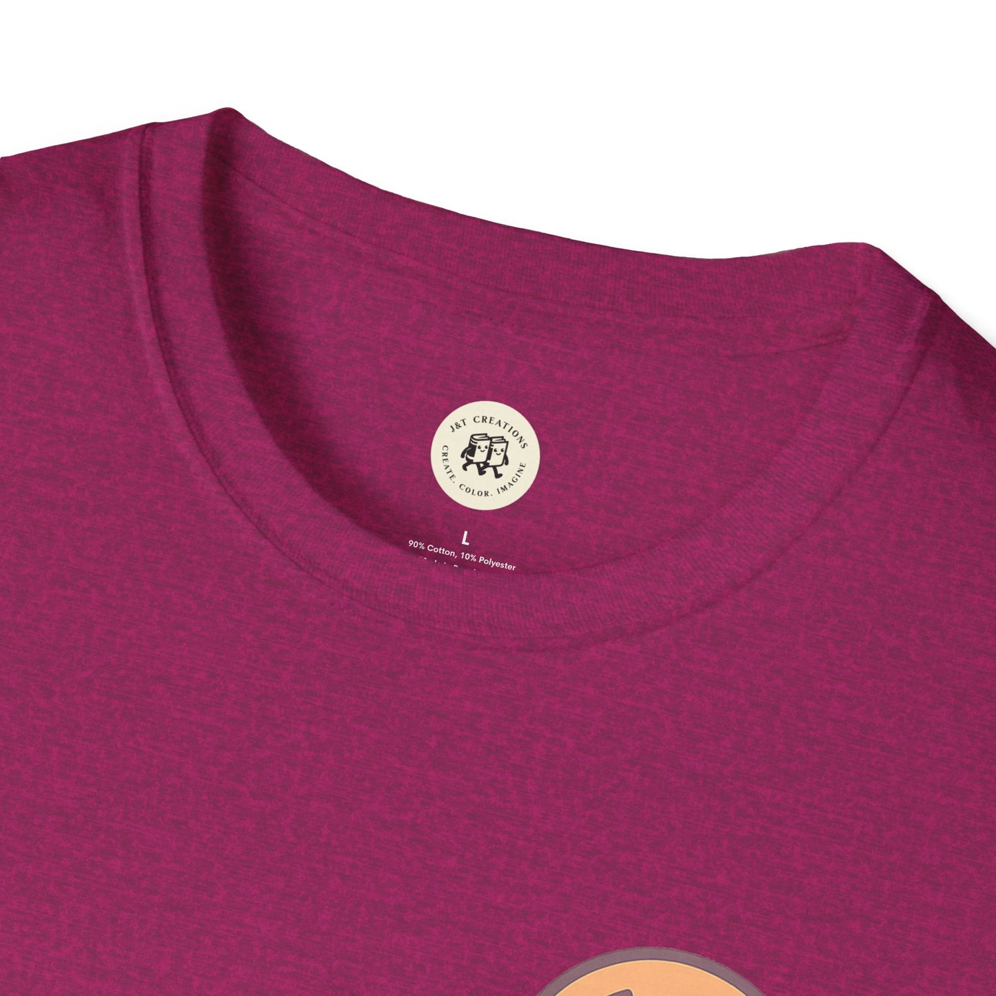 Close-up of maroon Printify t-shirt collar with cute Halloween bat t-shirt design